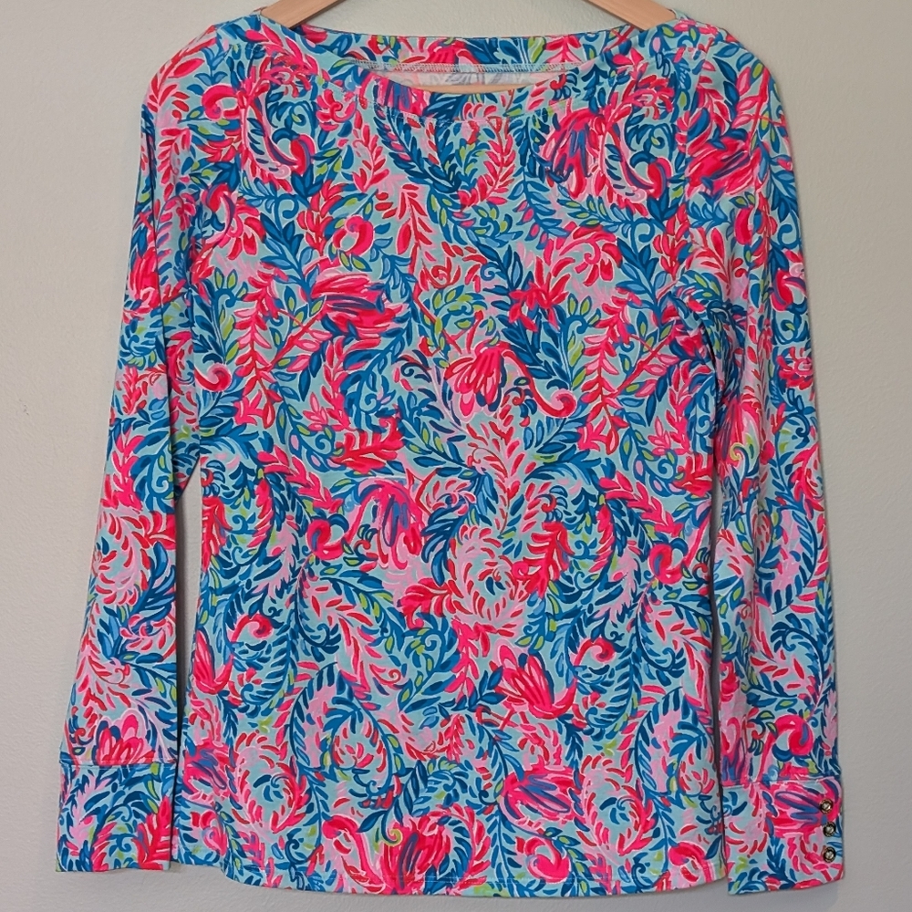 Lilly Pulitzer Aleah long-sleeve top Surf Blue Flim Flam print - Picture 2 of 8